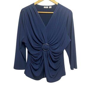 Cato Women Navy Blue V-Neck Ruched Top W/ Ring Detail XL Minimalist Comfortable